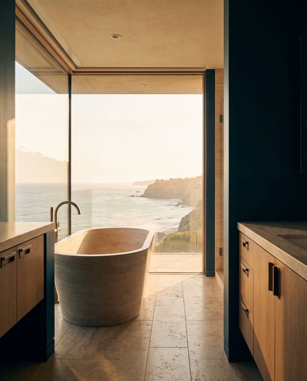Spa bathroom with a stone tub over the sea