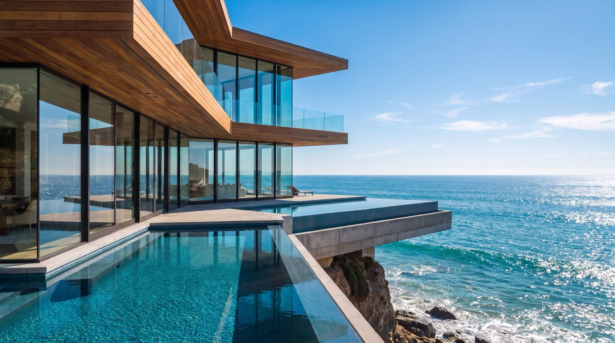 The Vela House at midday, glass walls open to the Pacific